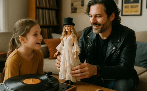 Un parent montrant la poupée Barbie Stevie Nicks à son enfant