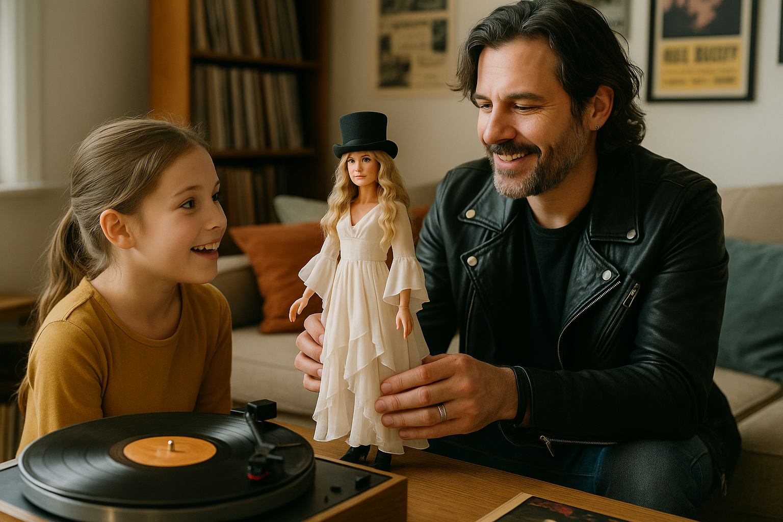 Un parent montrant la poupée Barbie Stevie Nicks à son enfant 