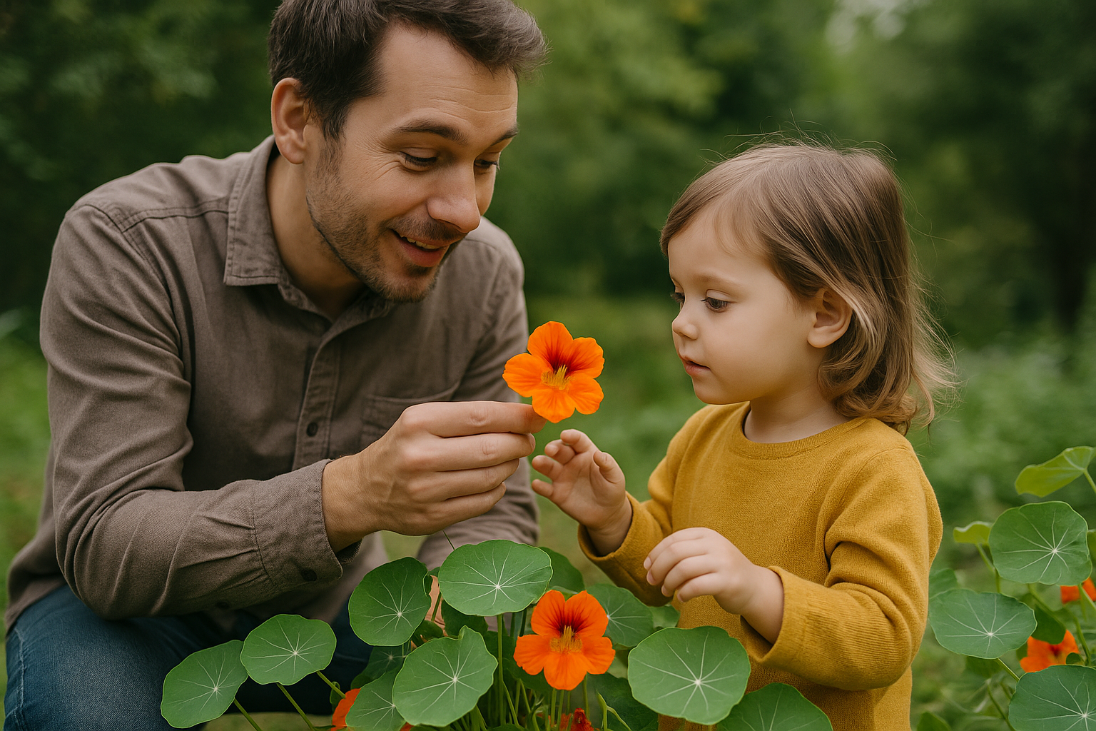 Un parent montre à son enfant des fleurs de capucine comestibles, une alternative sûre aux plantes dangereuses