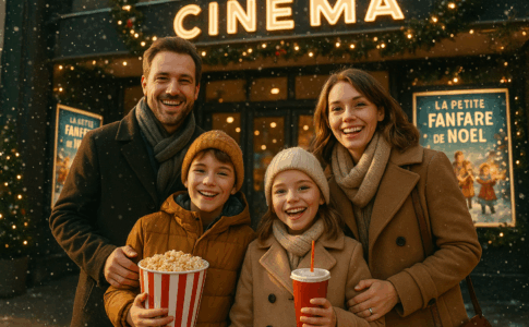 Une famille à l’entrée d’un cinéma pour voir La Petite fanfare de Noël