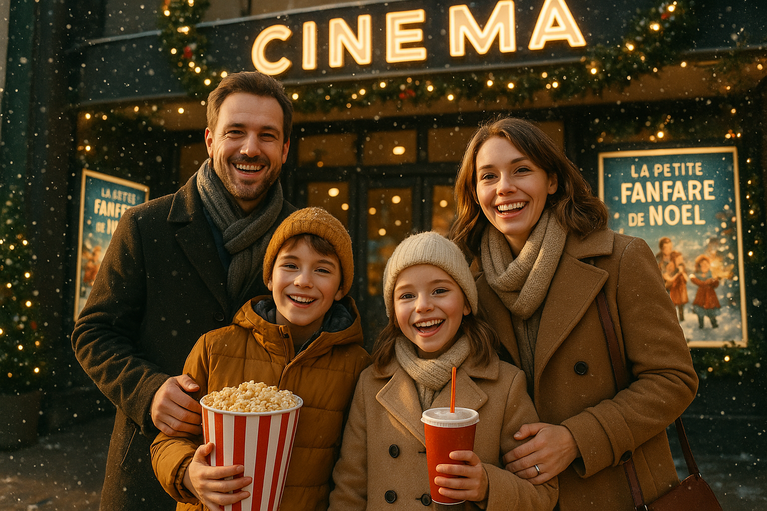 Une famille à l’entrée d’un cinéma pour voir La Petite fanfare de Noël