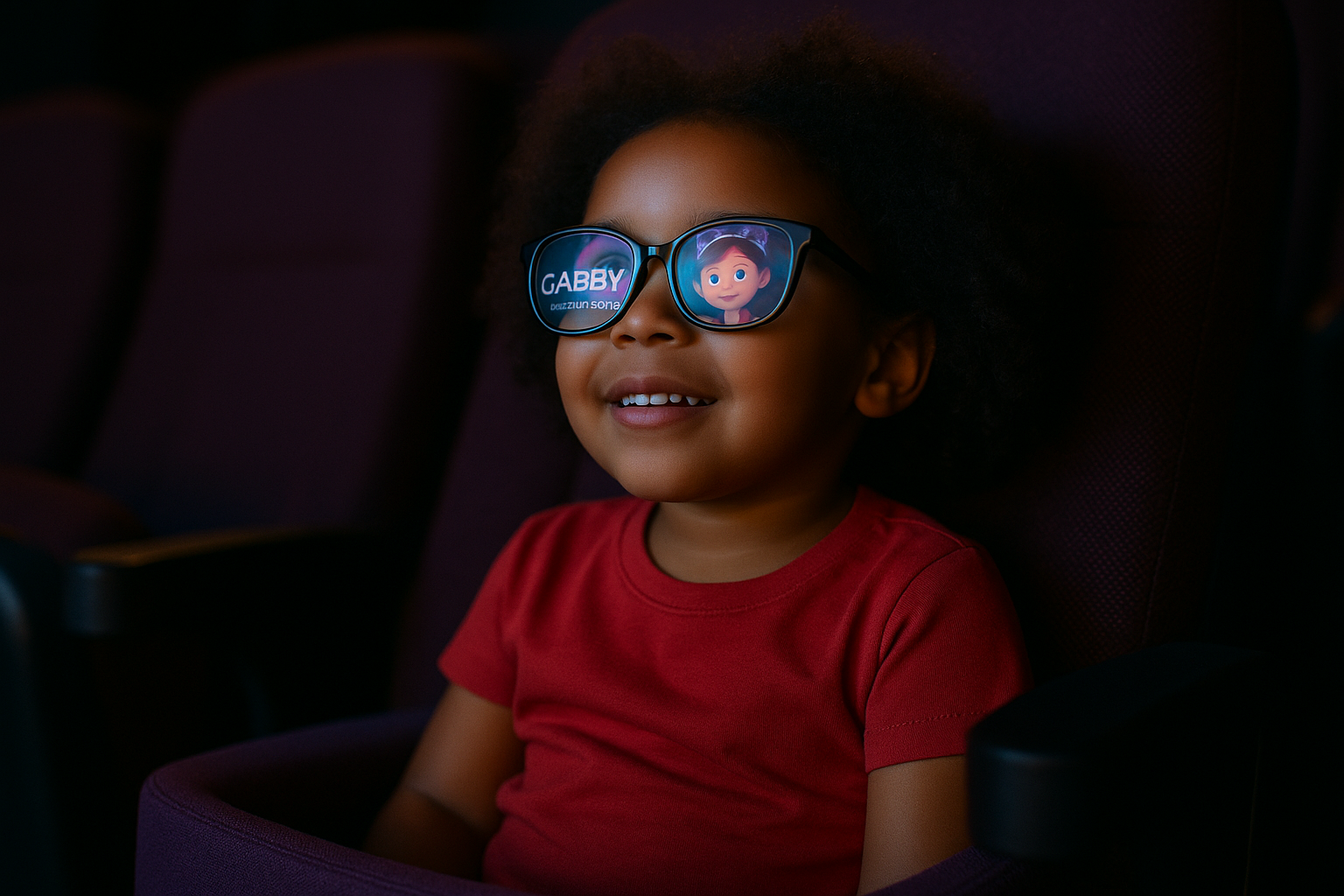 Une fille regardant Gabby et la maison magique au cinéma