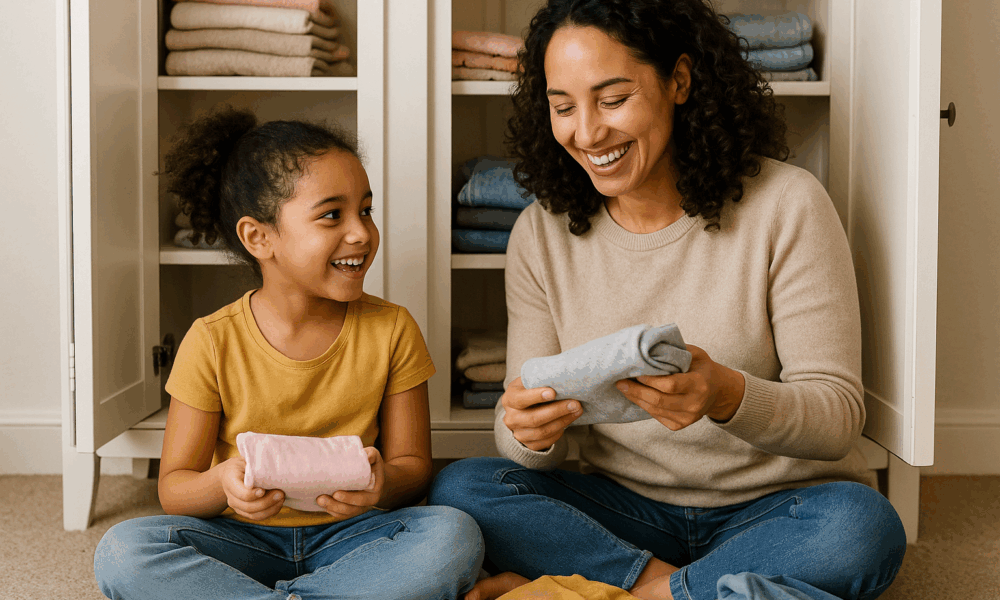 Une mère et sa fille effectuant un tri des vêtements