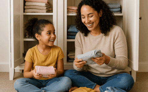 Une mère et sa fille effectuant un tri des vêtements