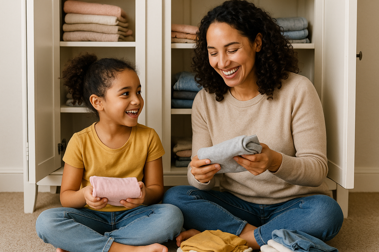 Une mère et sa fille effectuant un tri des vêtements