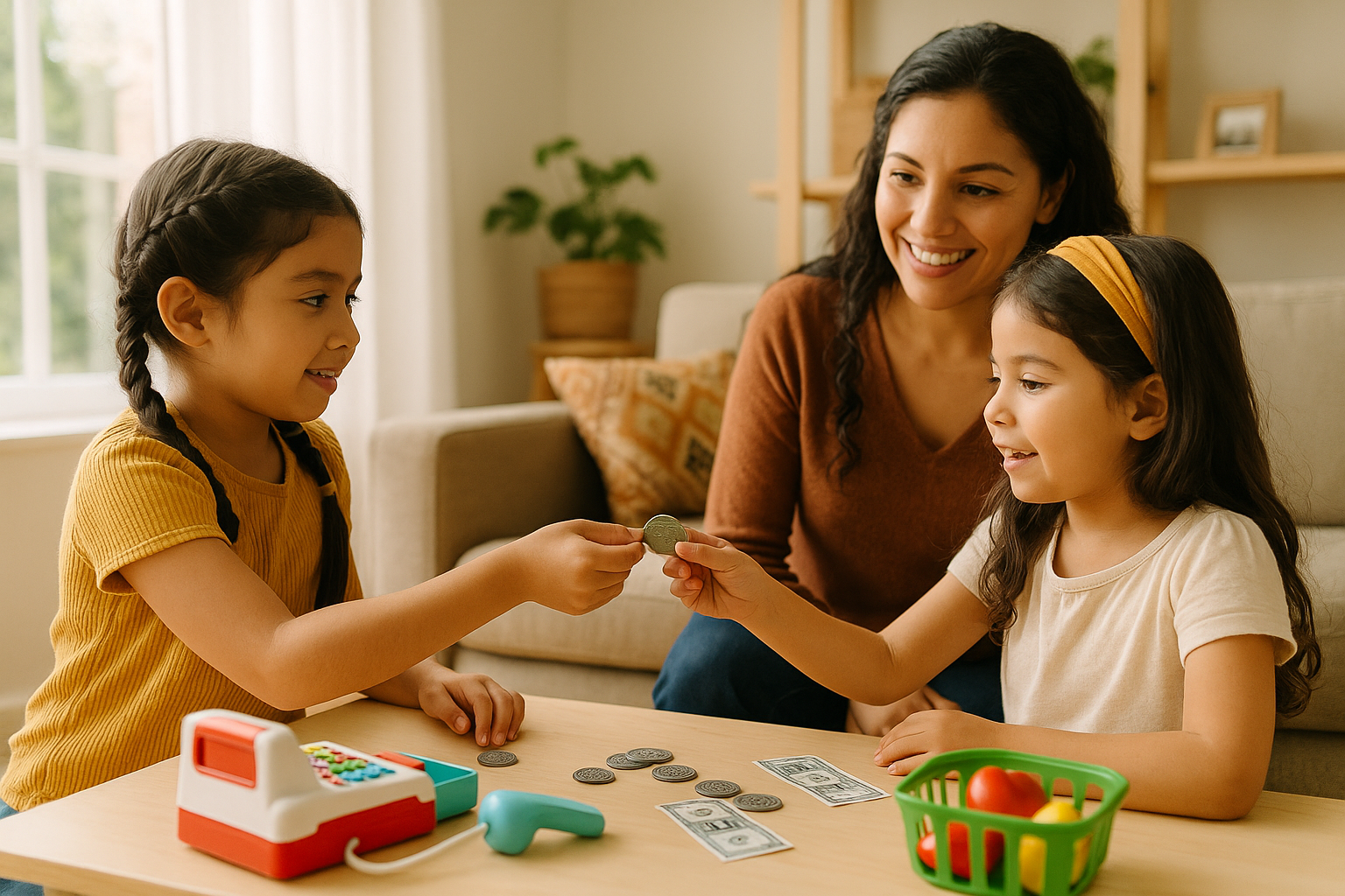 Une mère utilisant la méthode du jeu pour parler d’argent à un enfant