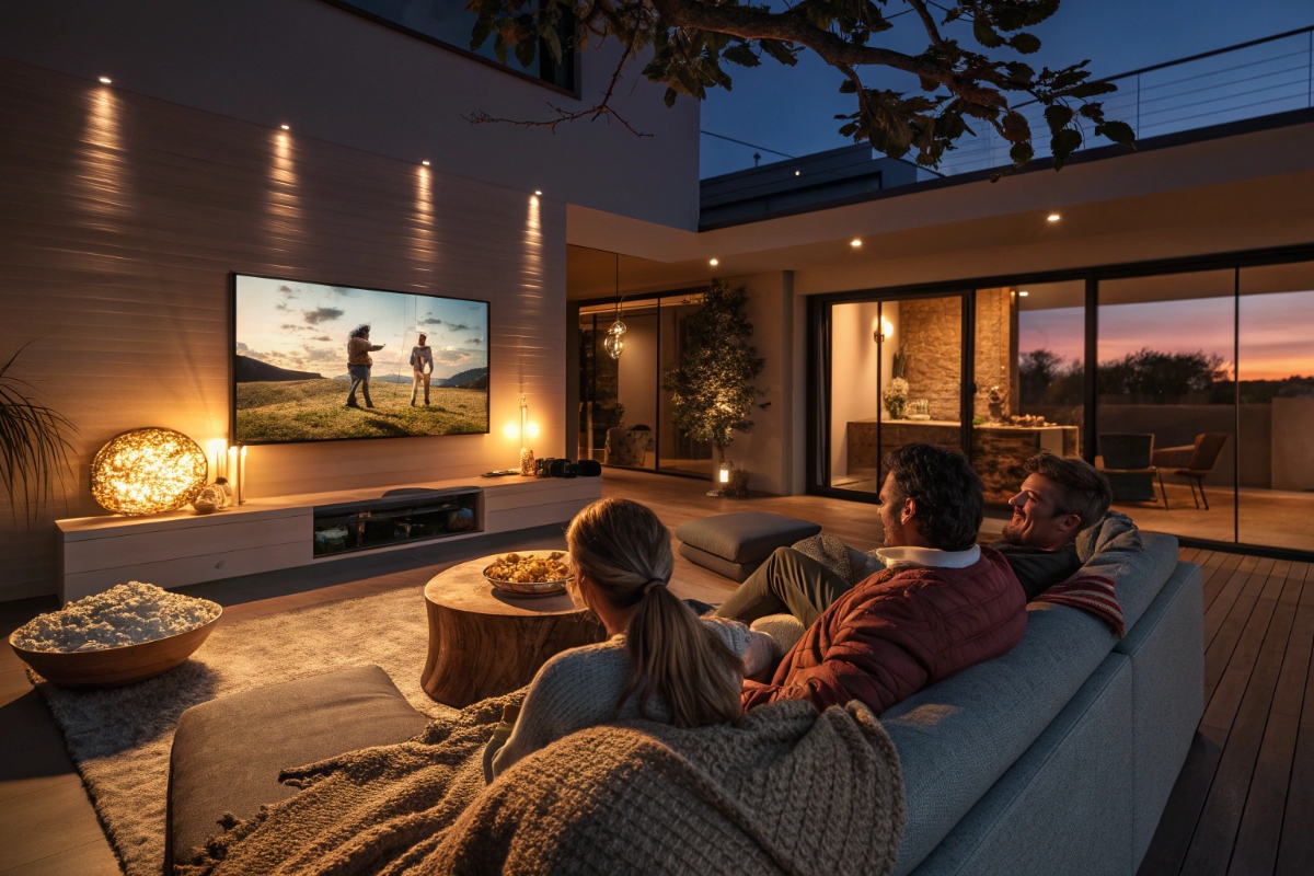 Une famille regardant un film en streaming à la maison