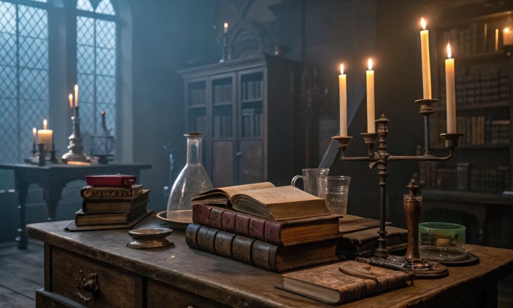 Laboratoire gothique évoquant l'univers de Frankenstein