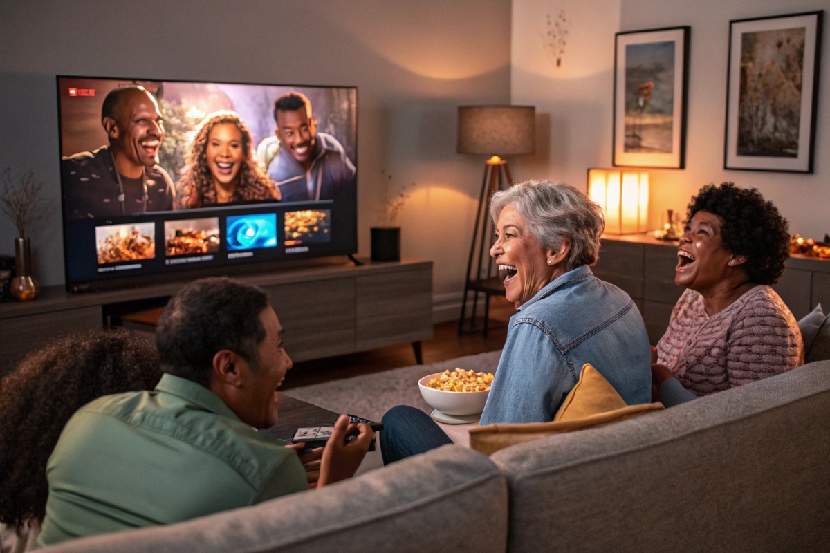 Une famille regardant un film en rigolant