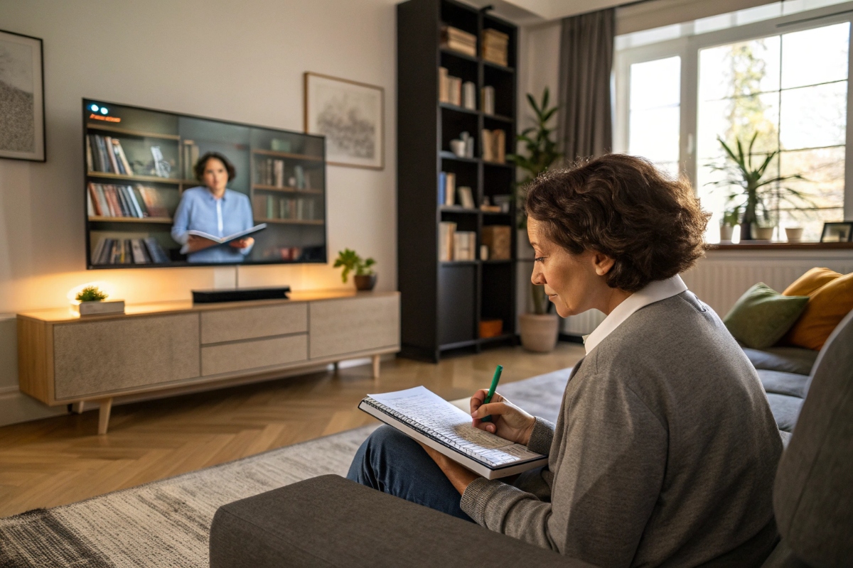 Une personne prenant des notes en regardant un documentaire