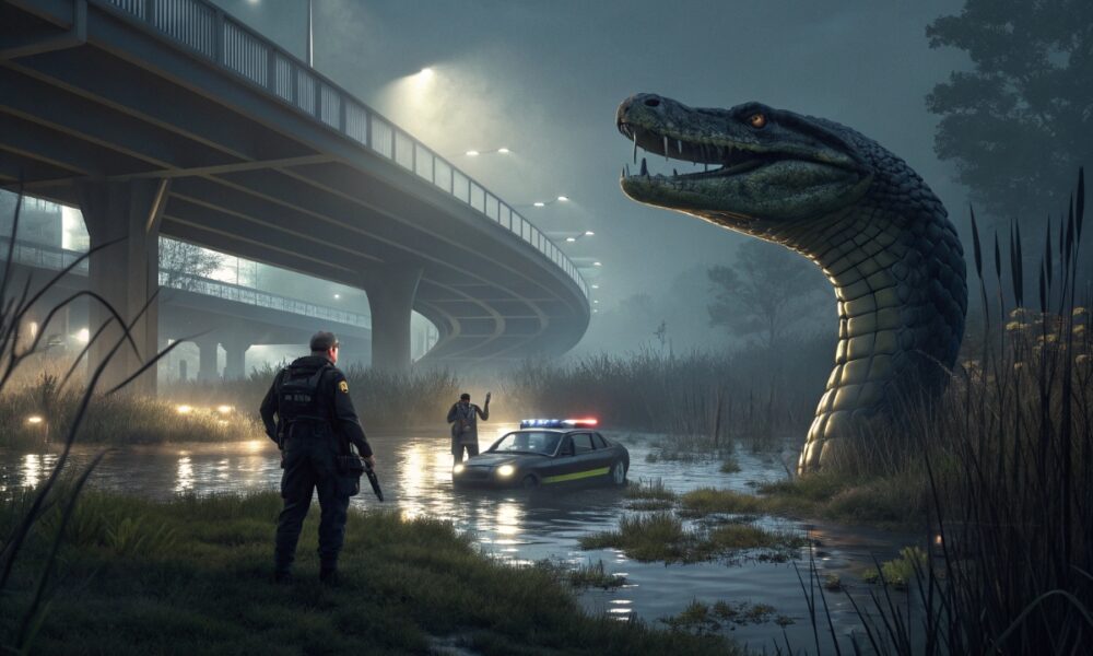 scène d'enquête mystérieuse impliquant un antagoniste reptilien