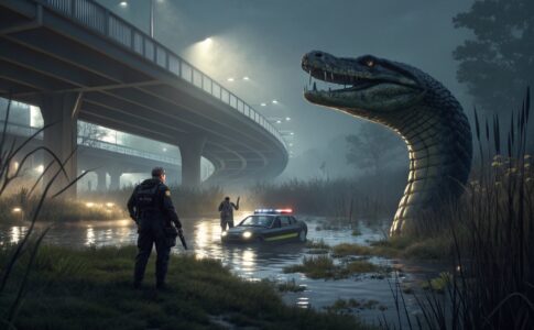 scène d'enquête mystérieuse impliquant un antagoniste reptilien