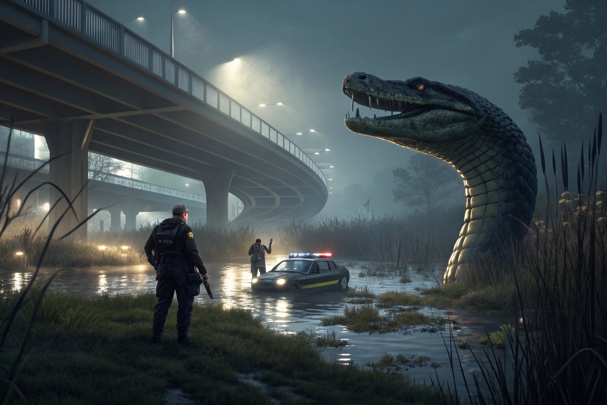 scène d'enquête mystérieuse impliquant un antagoniste reptilien