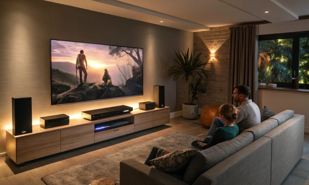 Une famille devant un home cinéma