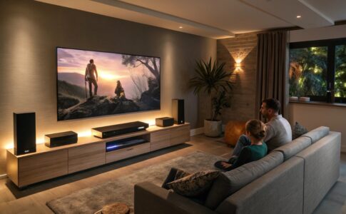 Une famille devant un home cinéma