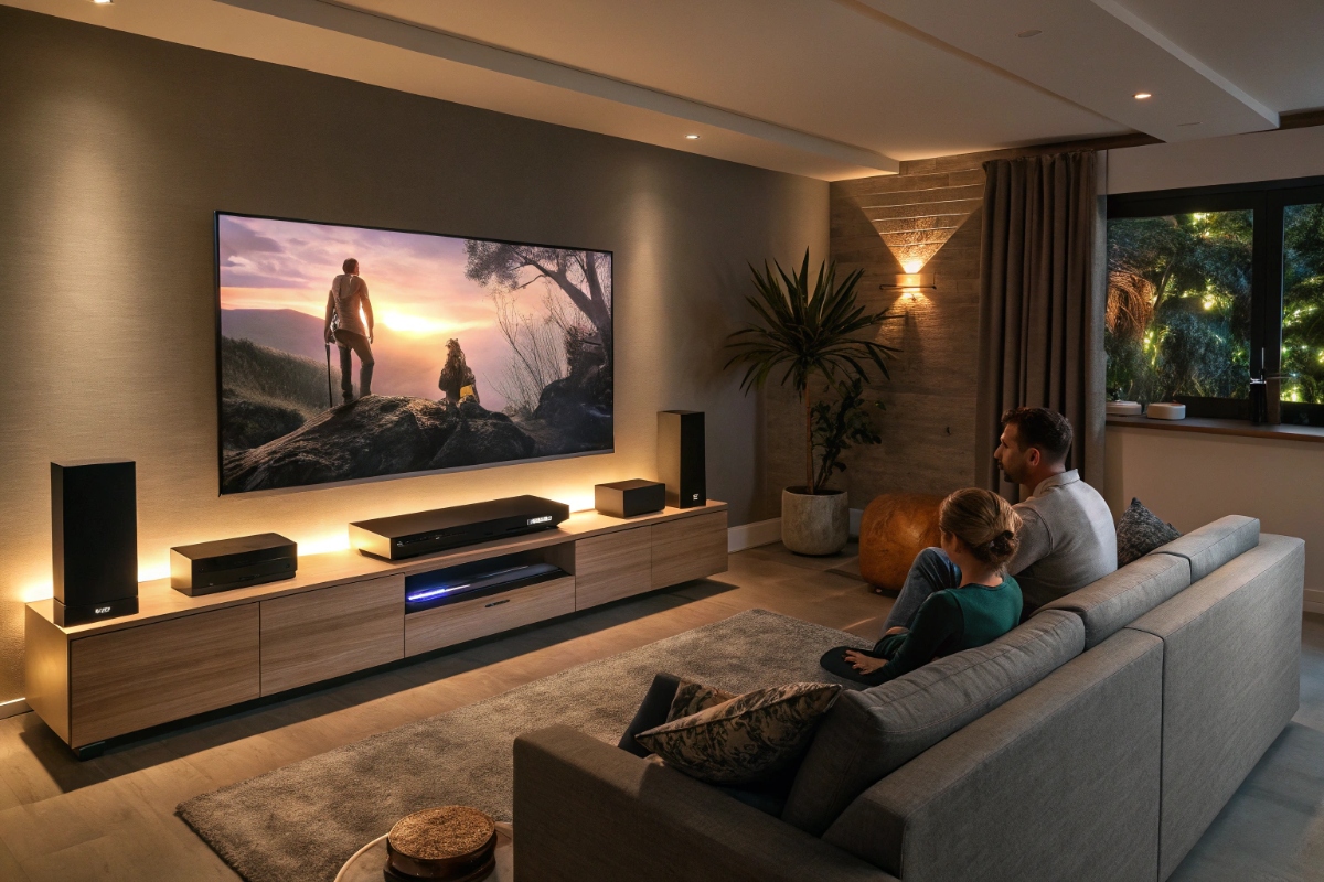 Une famille devant un home cinéma