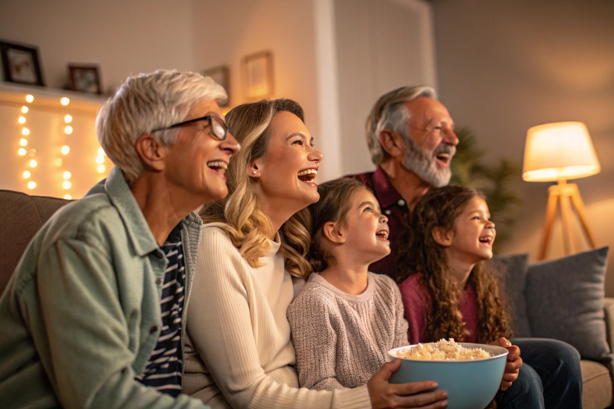 Famille réunie regardant un dessin animé