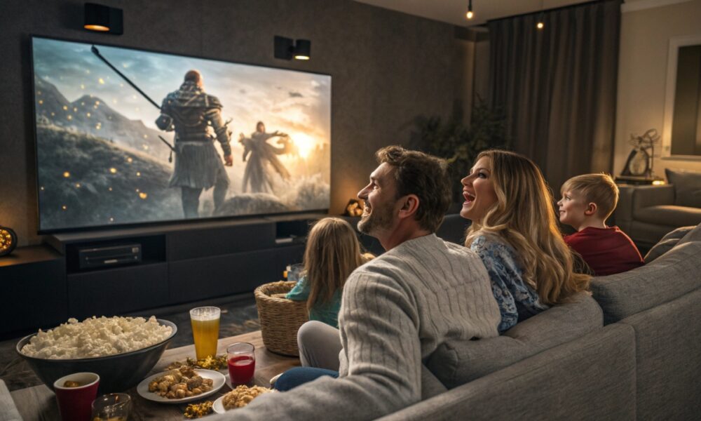 Une famille regardant des films d’aventure