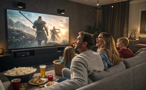 Une famille regardant des films d’aventure