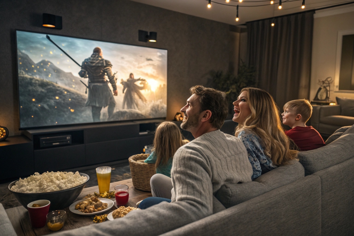 Une famille regardant des films d’aventure