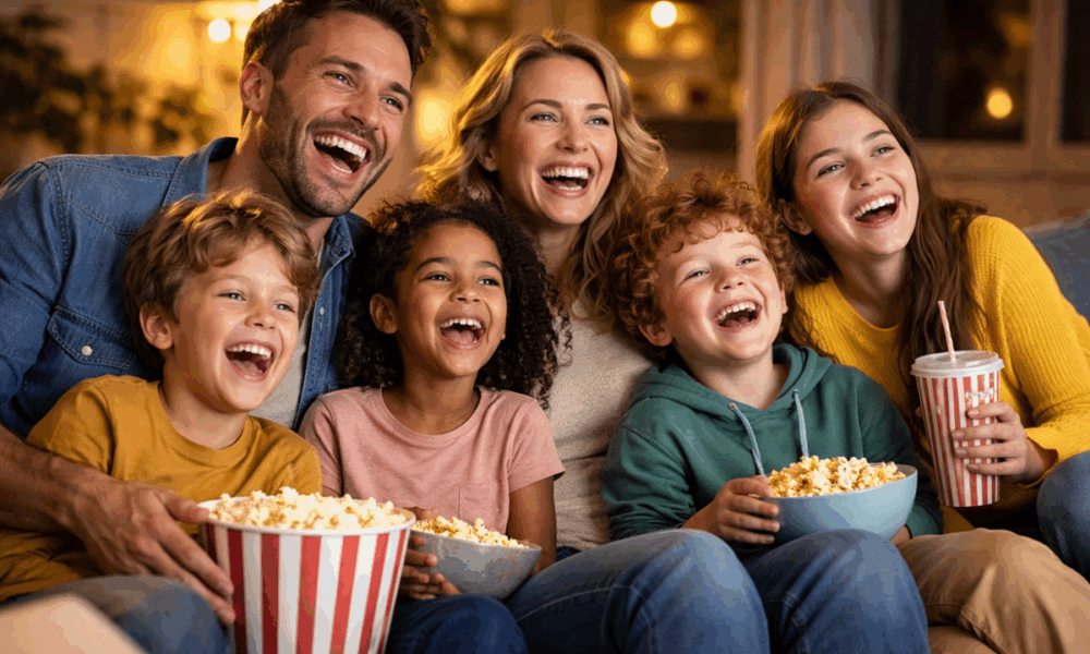 Films familiaux avec enfants et adultes riant ensemble