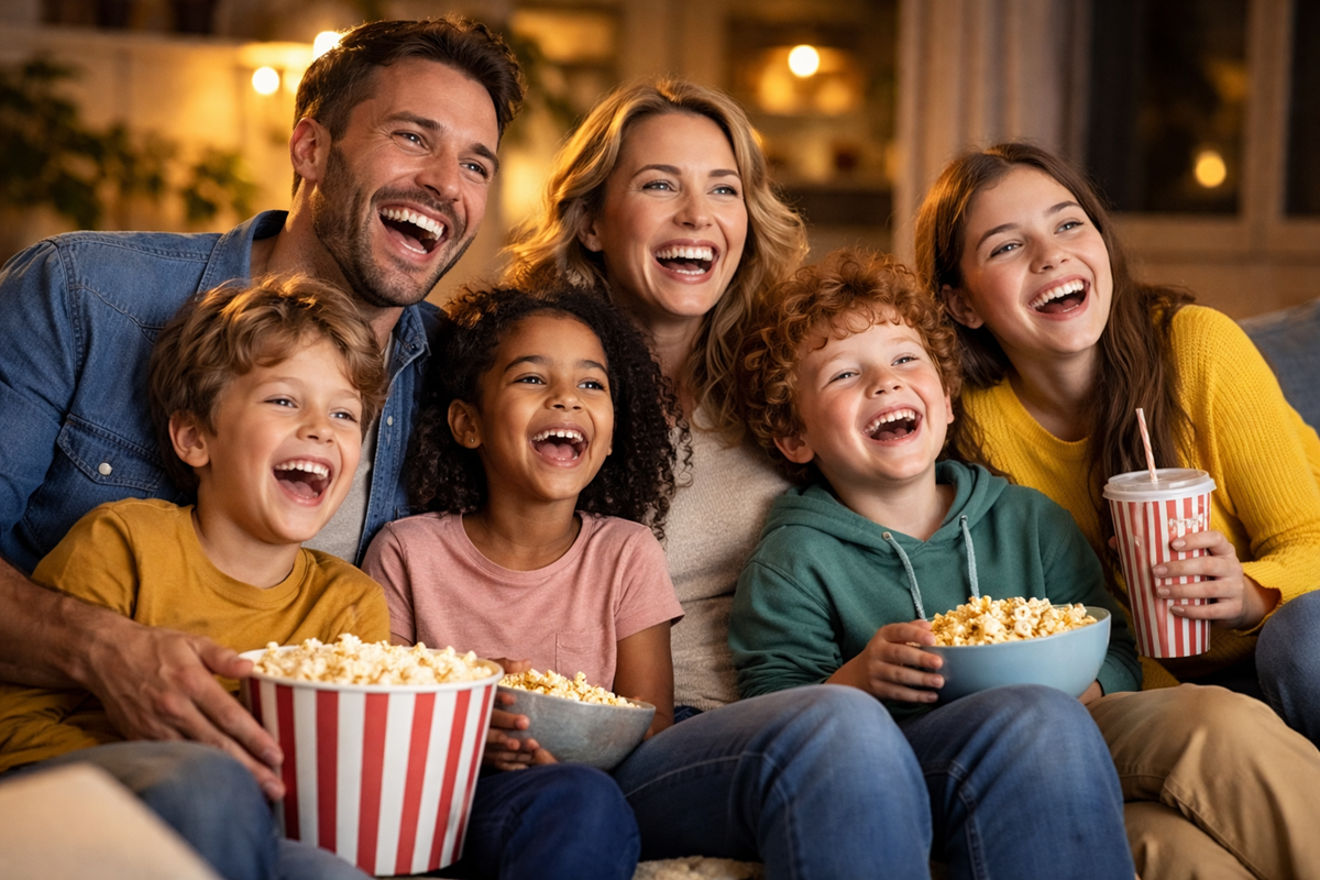 Films familiaux avec enfants et adultes riant ensemble