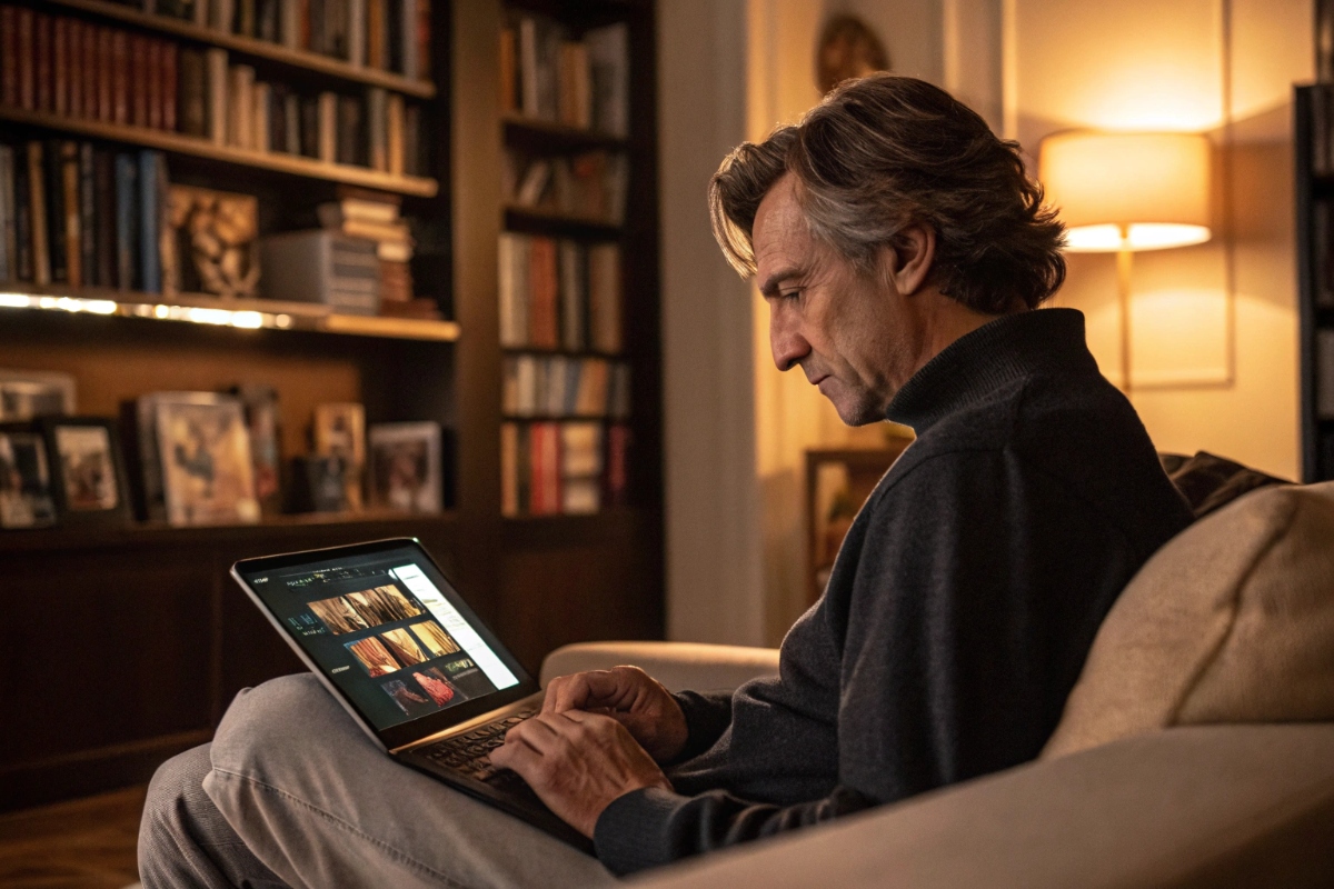 Un homme regardant des films sur son ordinateur portable