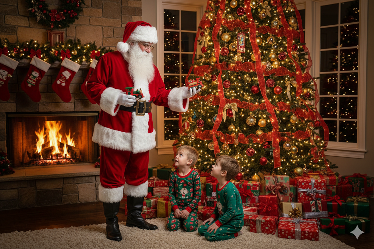 Le père Noël debout devant un sapin