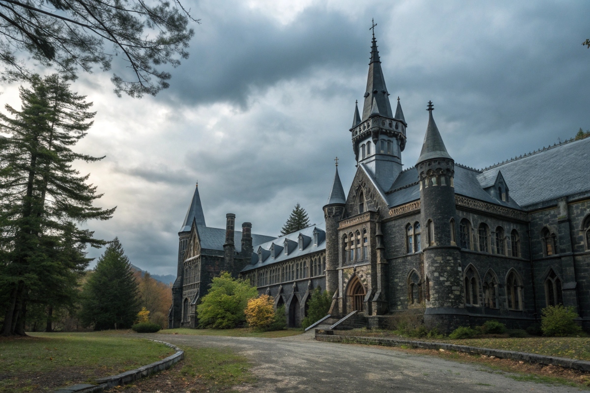 Vue extérieure d’une académie comme celle de Nevermore dans la série Netflix Mercredi