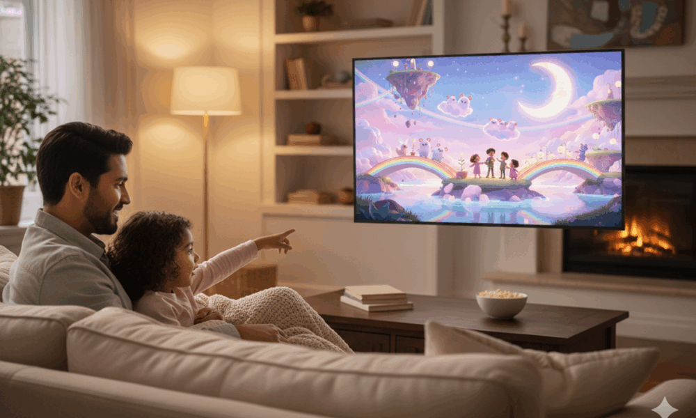 Un enfant et son parent regardant Le Monde de Wishy