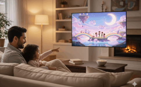 Un enfant et son parent regardant Le Monde de Wishy