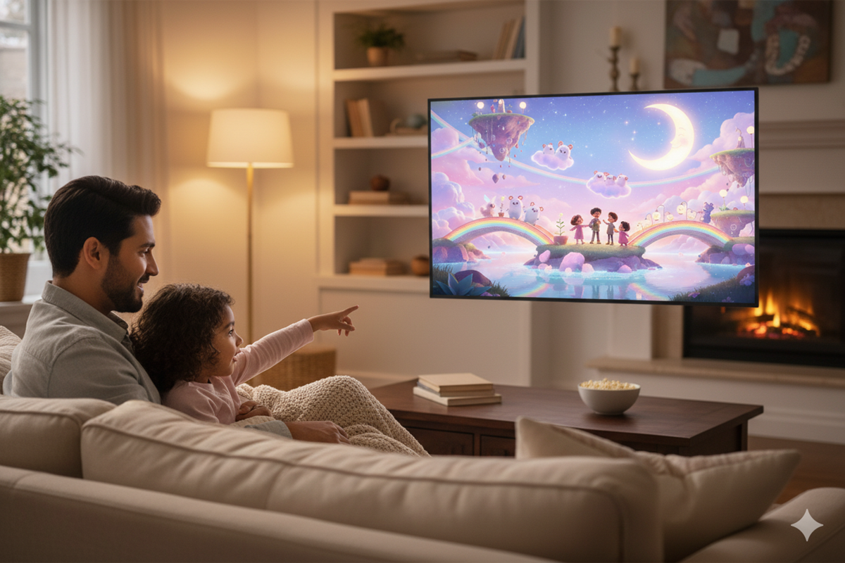 Un enfant et son parent regardant Le Monde de Wishy