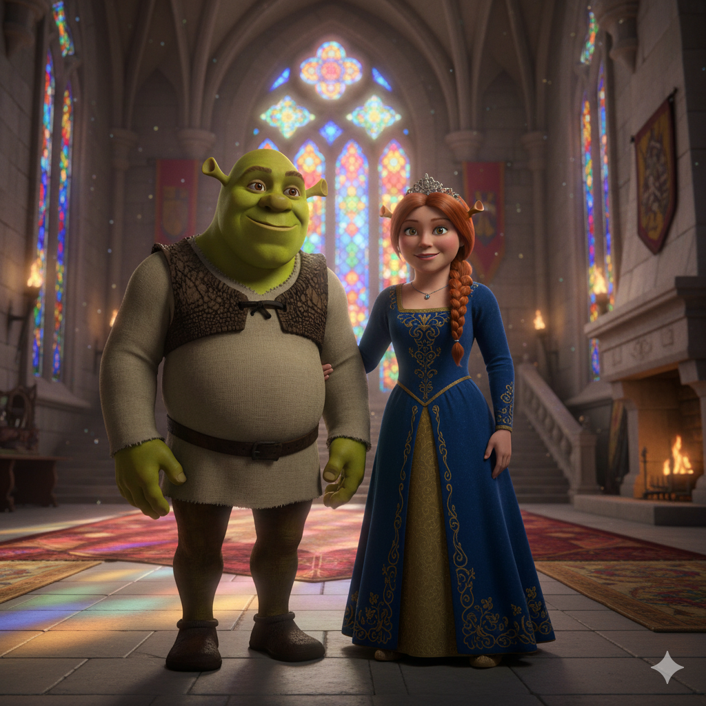 Fiona et Shrek dans un château médiéval