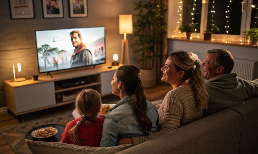 Une famille regardant des courts-métrages en streaming