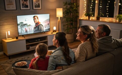 Une famille regardant des courts-métrages en streaming