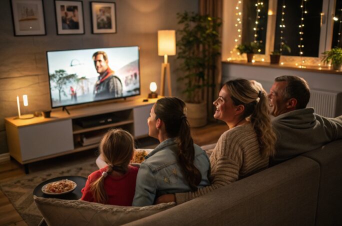 Une famille regardant des courts-métrages en streaming