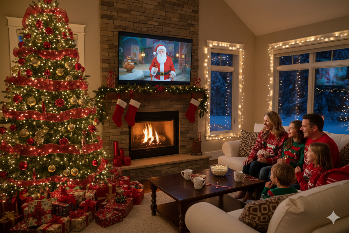 Une famille regardant un film de Noël