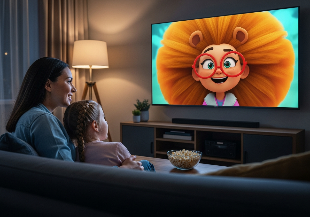 Une mère et sa fille regardant un film d’animation