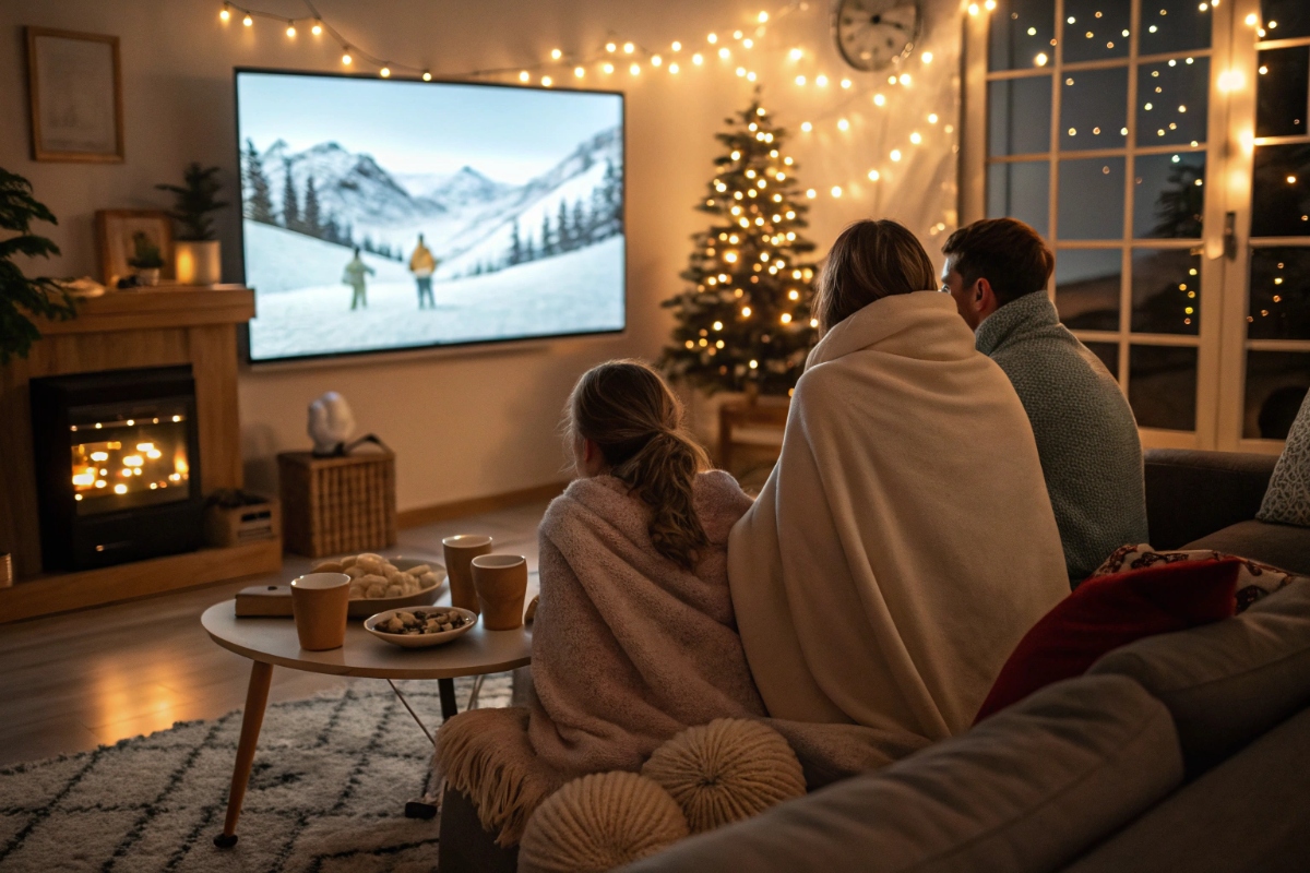 Une famille regardant des films d'hiver