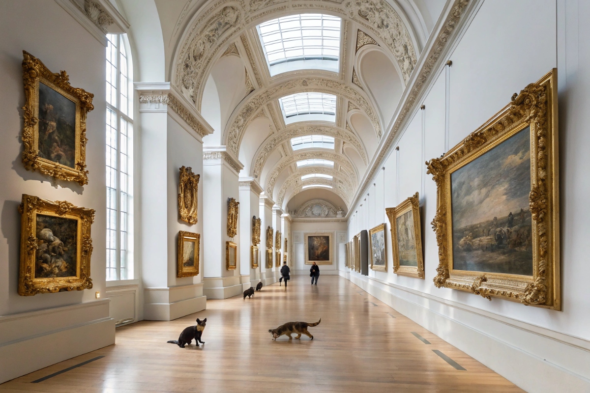 Des chats dans une galerie de musée   