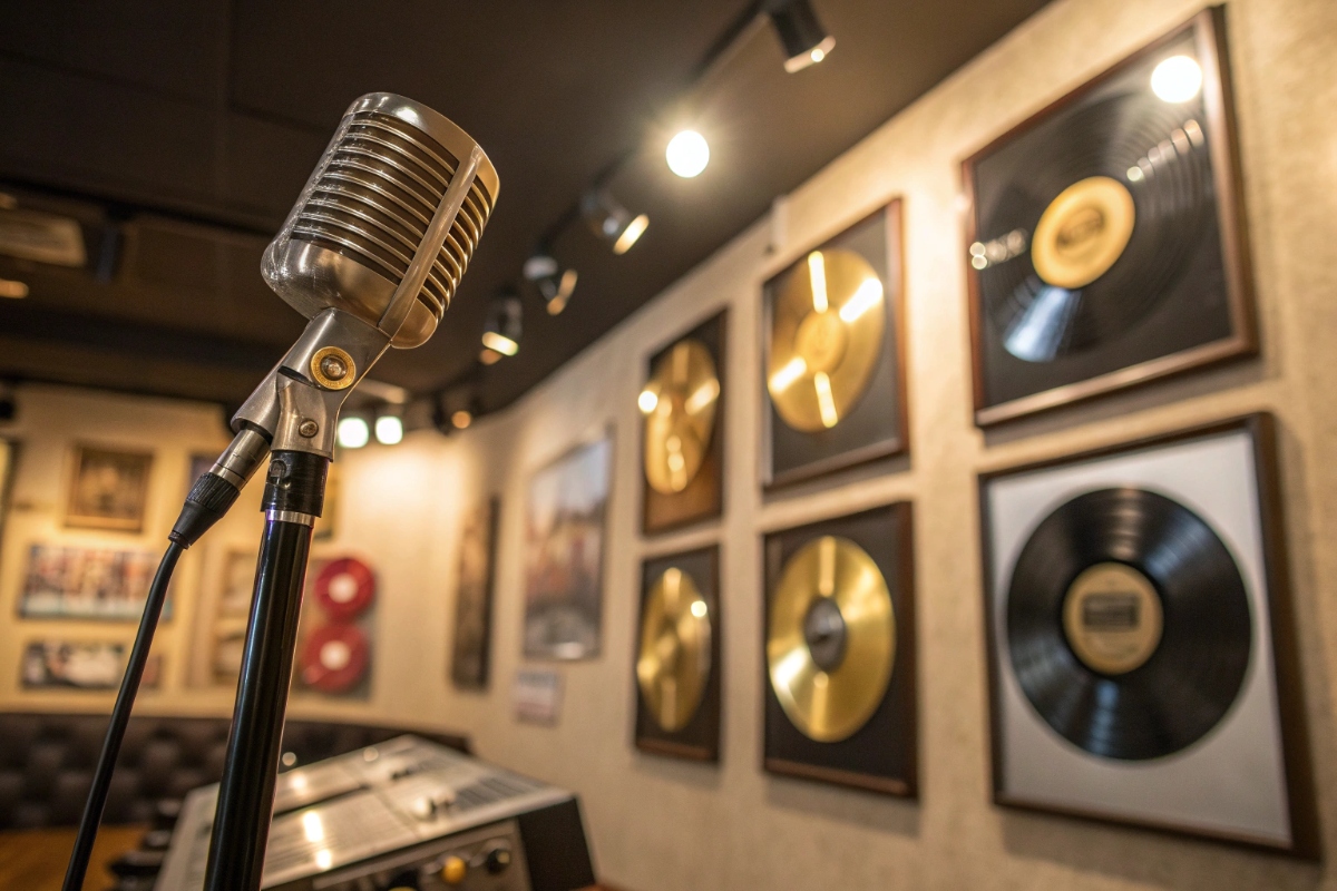 Studio d’enregistrement avec un micro et des disques au mur
