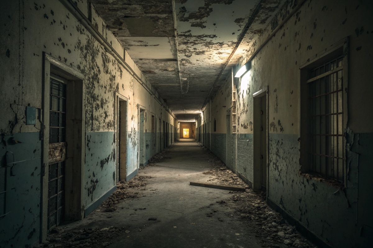 Couloir délabré rappelant le sinistre du thriller Captive  