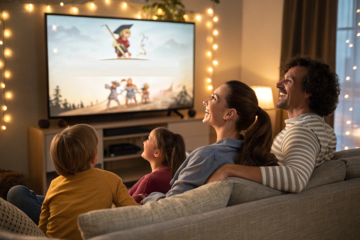 Une famille profitant d'un film d'animation en streaming
