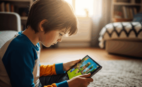 Un enfant qui joue aux jeux vidéo sur sa tablette