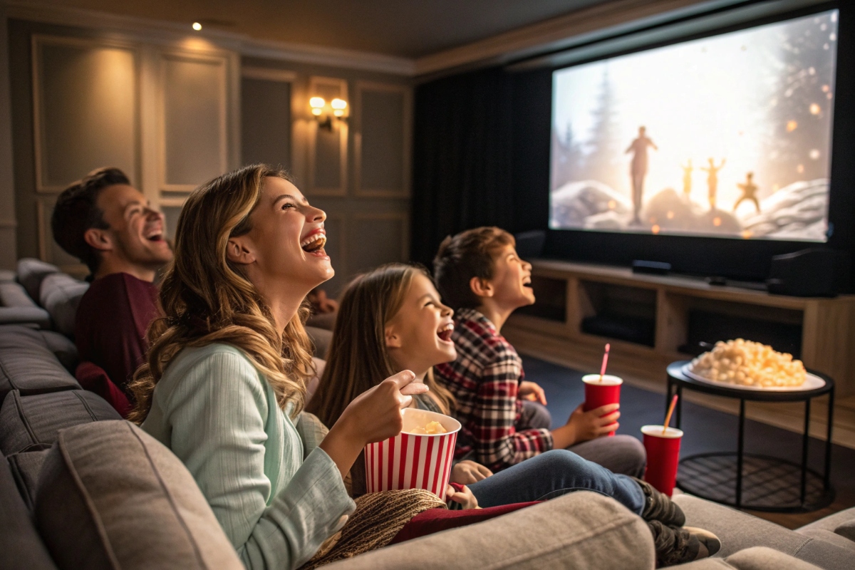 Une famille regardant une comédie française en streaming