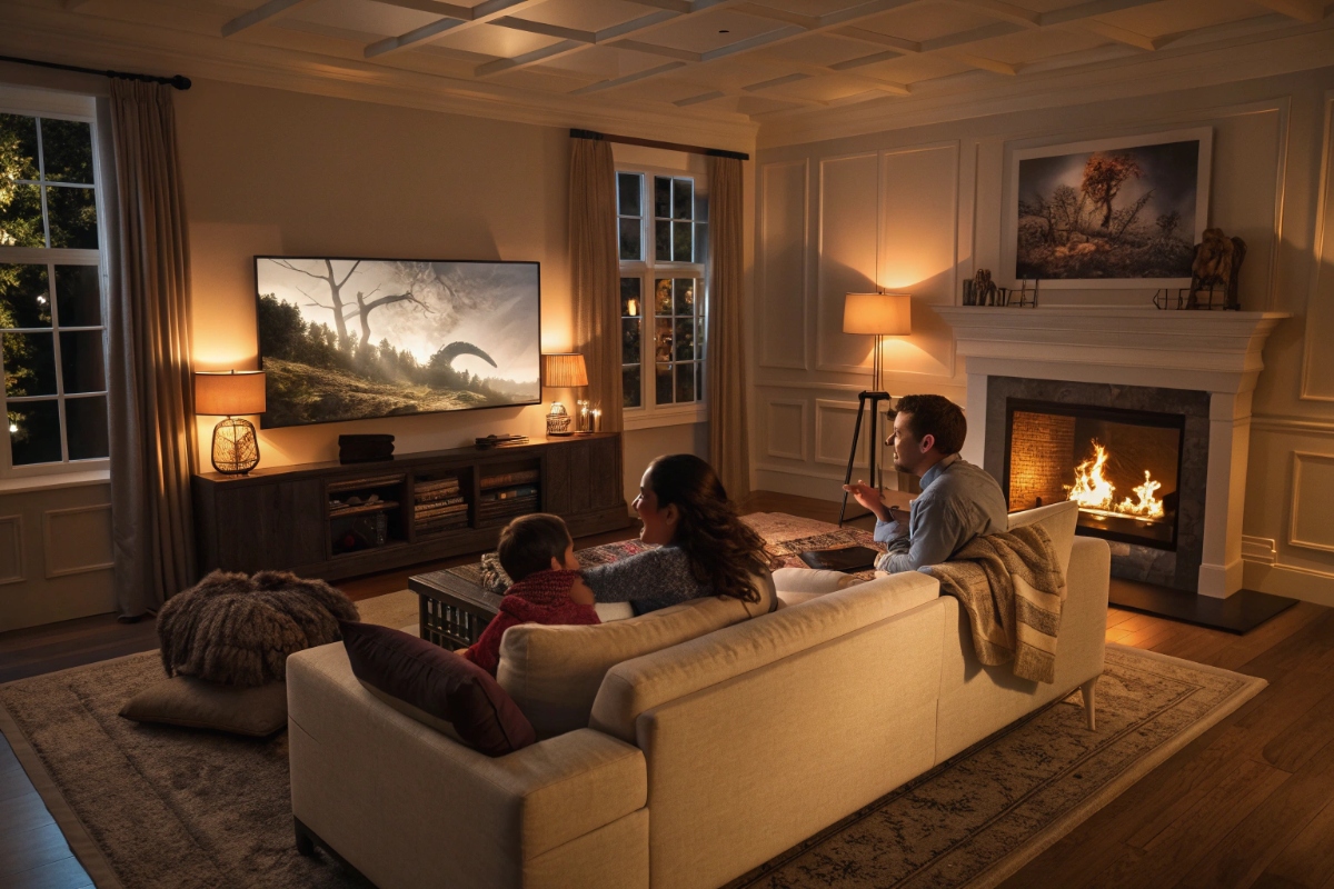 Une famille regardant le film en VOD Dragons