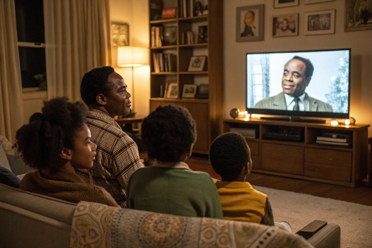 Une famille regardant le biopic Fanon