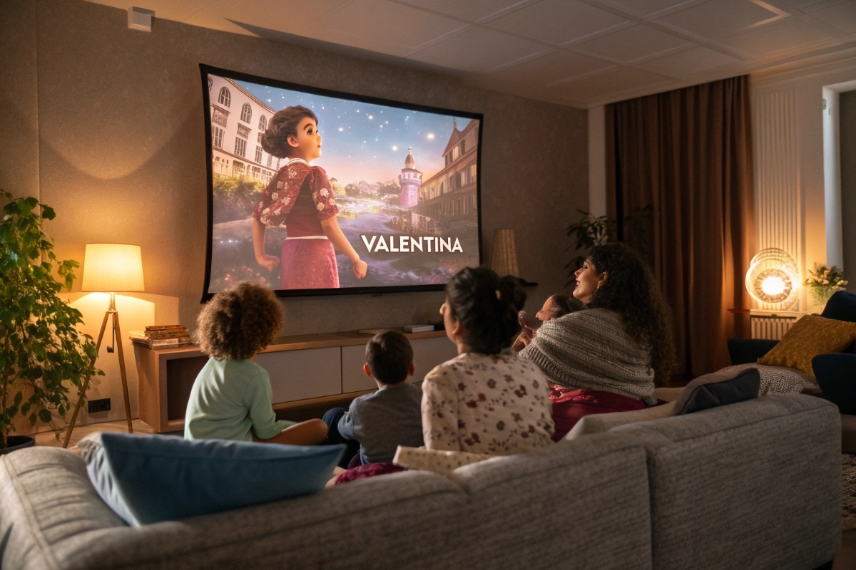 Une famille regardant le film d'animation Valentina