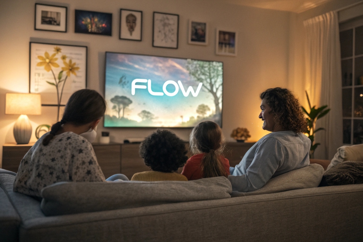Une famille regardant le film d'animation Flow