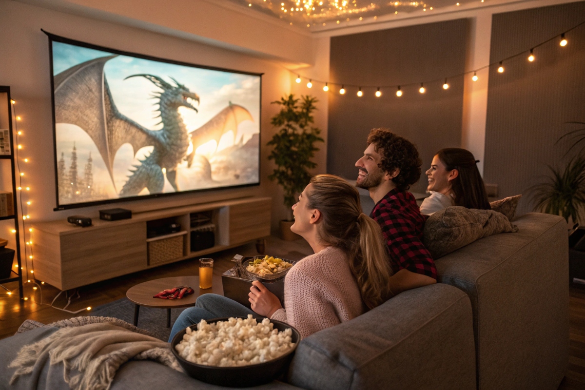 Des amis regardant le film animé Dragons